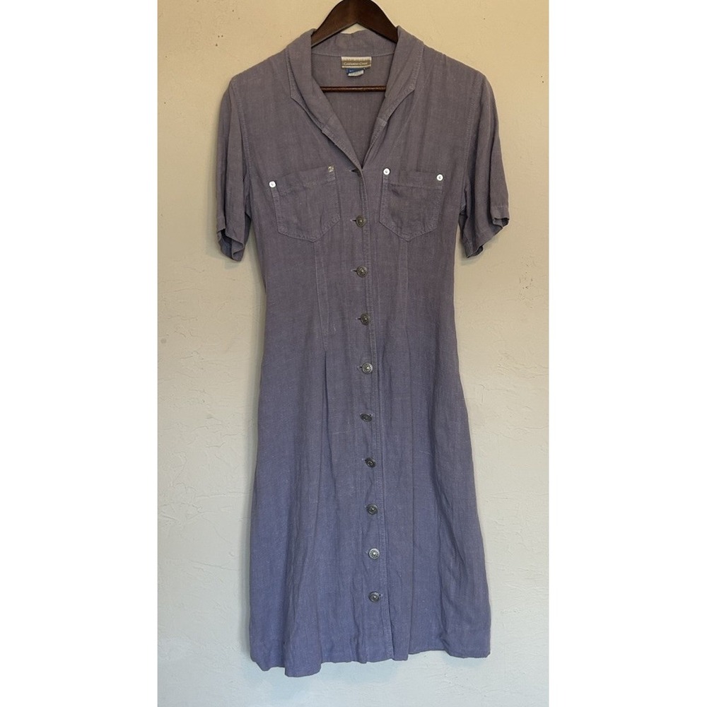 Vintage 90s Coldwater Creek Purple Linen Shirt Dress Boho Grunge 6 P Midi Button